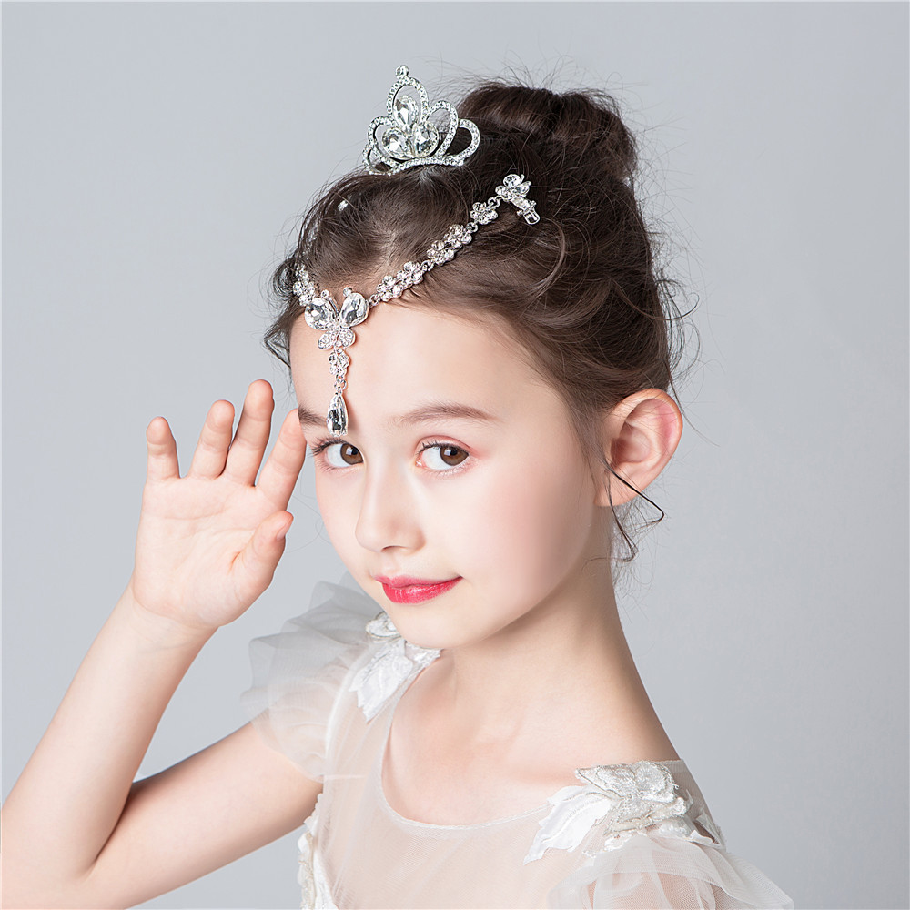 儿童皇冠头饰 女童水晶银色公主链盘发头饰 表演生日晚会主持头饰