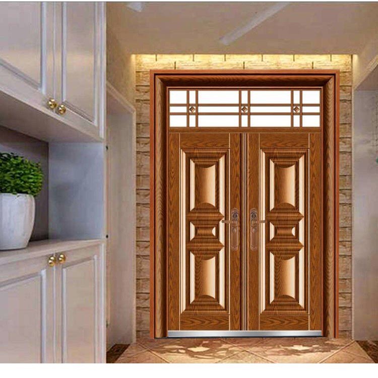 别墅客厅大门紫檀木双开门高档黄橡木色公寓防盗门安全非标门厂家