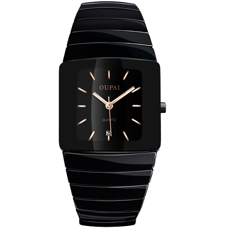 欧派正方形表盘手表男土夜光石英商务陶瓷酒桶形男士银钻手表方潮