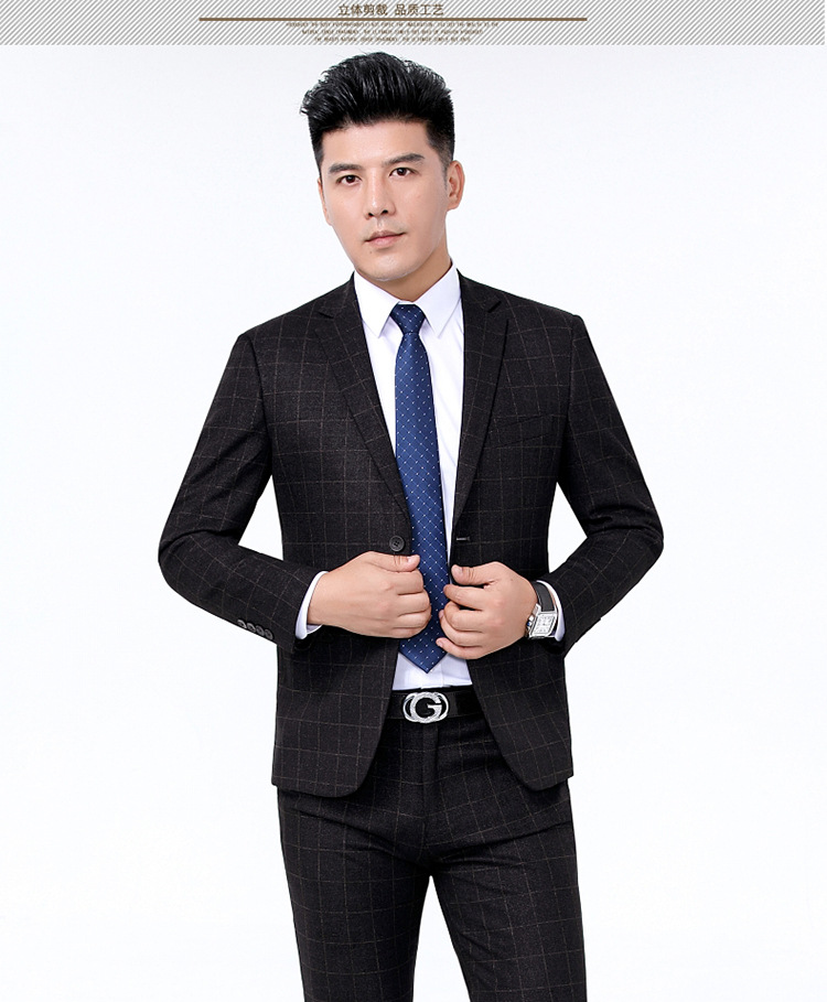 春秋季弹力羊毛西服套装男士格子西装职业正装大码绅士公务员套西