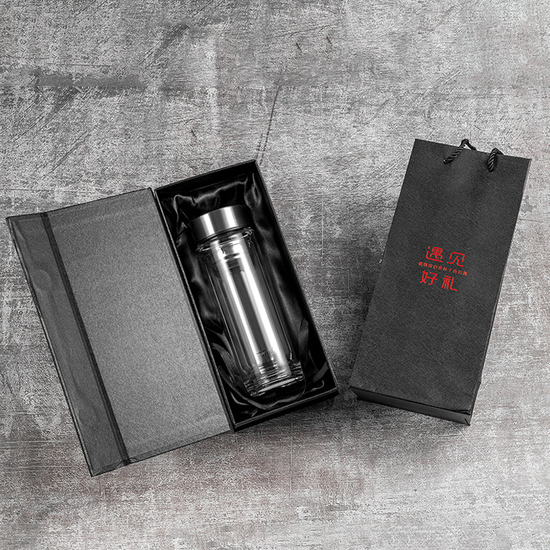 批发长方形特种纸高档保温杯玻璃杯水杯手提礼盒通用黑色包装礼盒