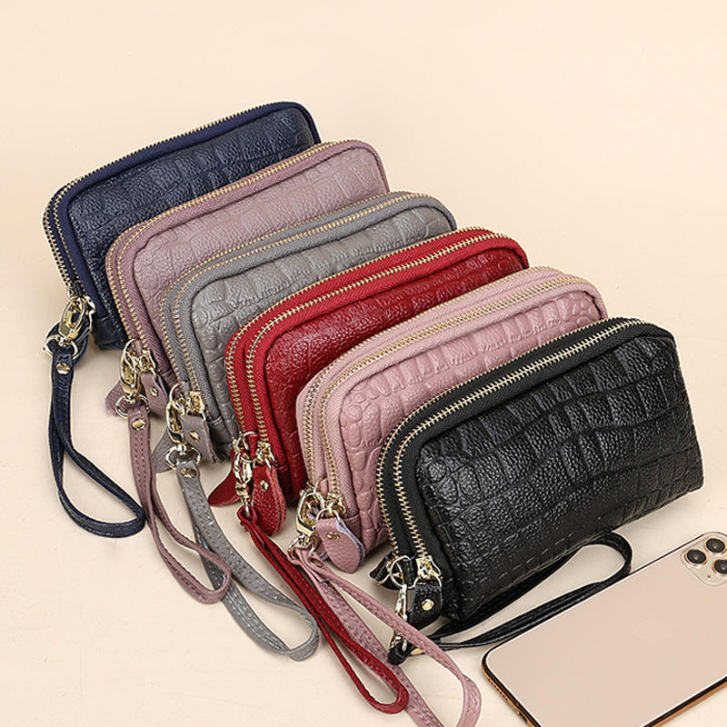 新款韩版时尚真皮手机包女石头纹双拉链大容量长款钱包女士手拿包