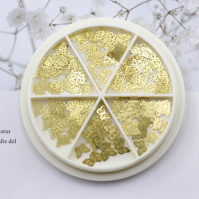 金色彩色蝴蝶齿轮几何款美甲金属薄片饰品 金属贴片电脑片6格圆盘