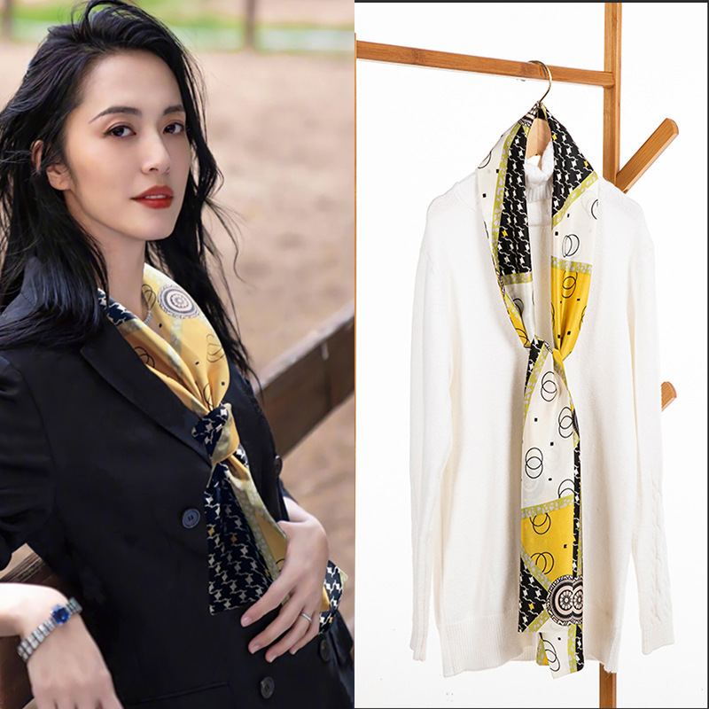 Small Silk Scarf Women's Spring and Autumn Thin Korean Style Versatile Thin Narrow Long Scarf Tied-up Hair Elegant Square Scarf with Suit Lining