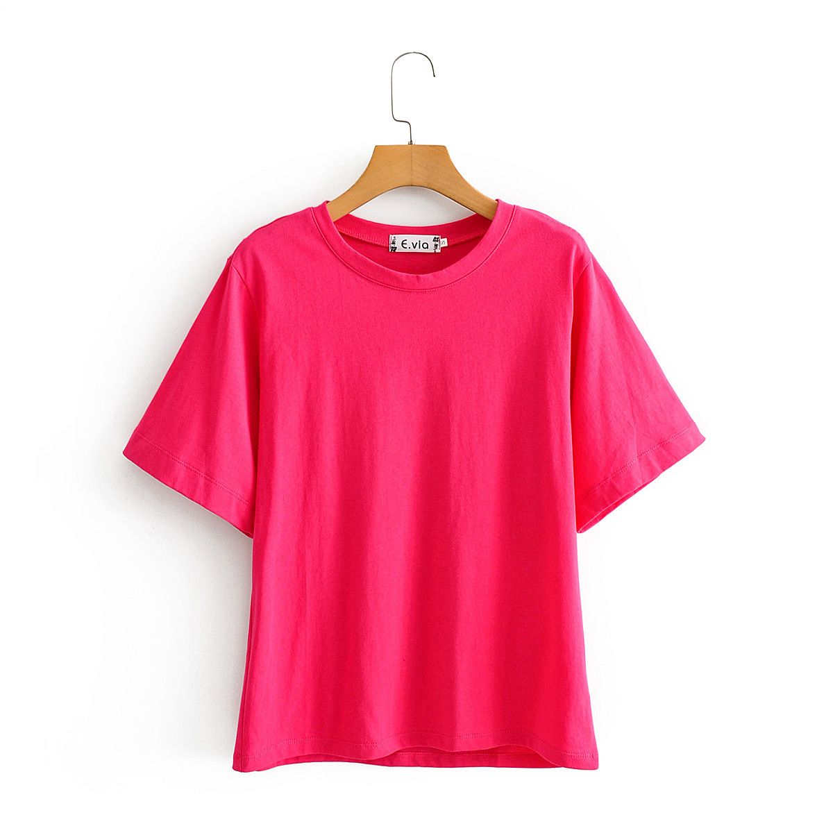 2020欧美风夏女装新款批发玫红色t恤宽松短袖慵懒风圆领上衣