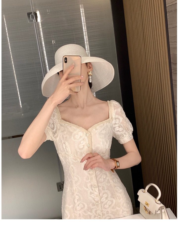 温柔风法式方肩长裙超仙女森系设计感小众显高显瘦气