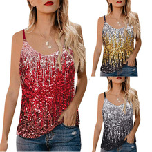 亚马逊eBay热销新品女士V领渐变色珠片吊带背心T恤