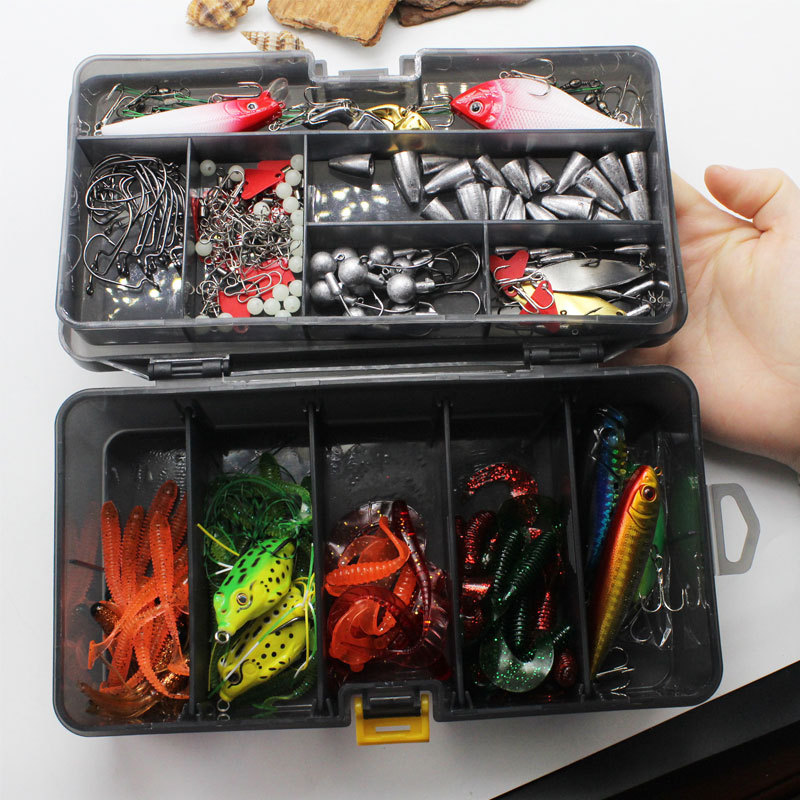 路亚软饵亮片饵硬饵铅坠套装210件灰色双层透明双层饵盒 渔具批发