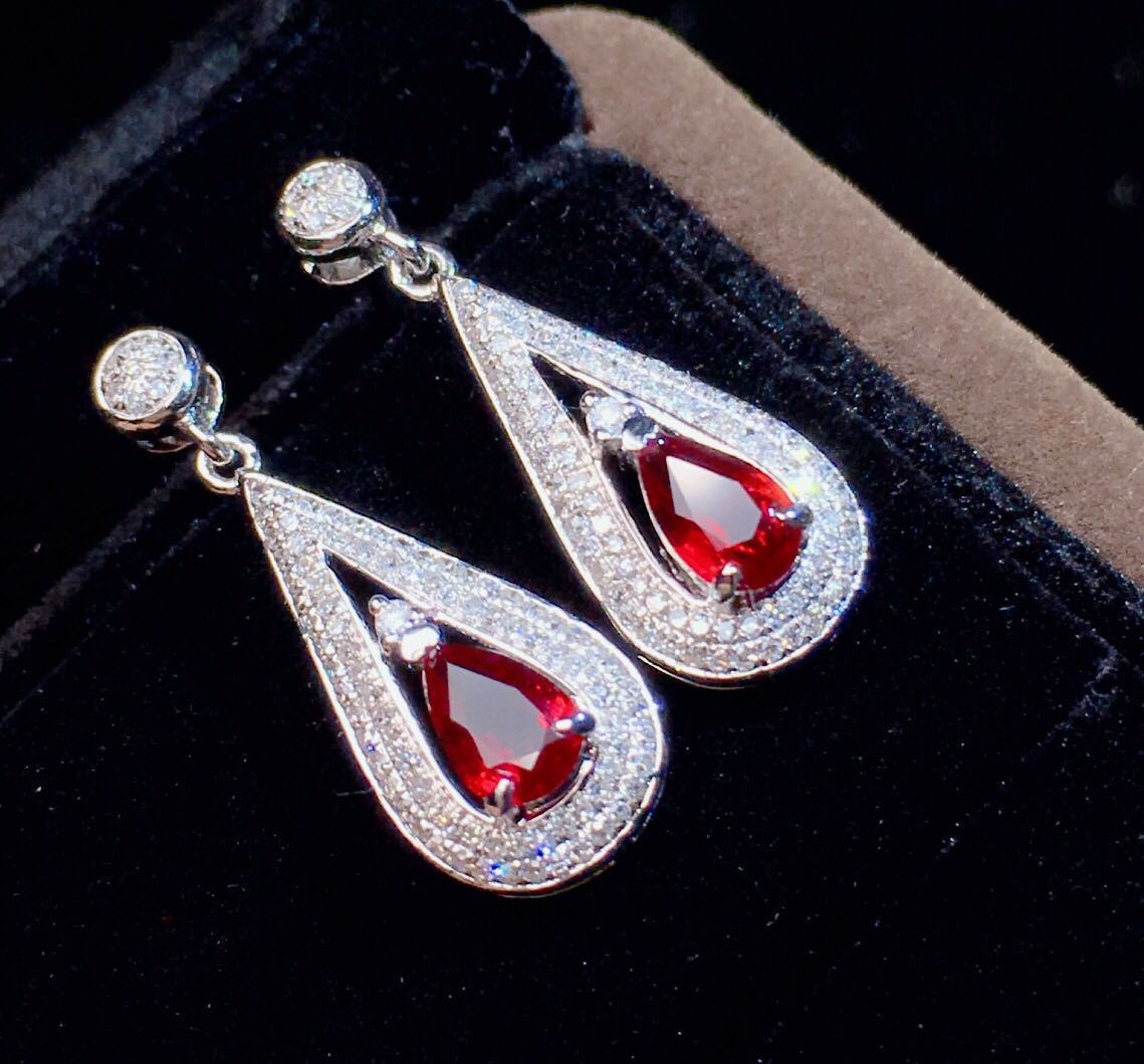 18k金钻石无烧鸽血红宝石耳坠耳钉环高端抖音珠宝首饰批发代发
