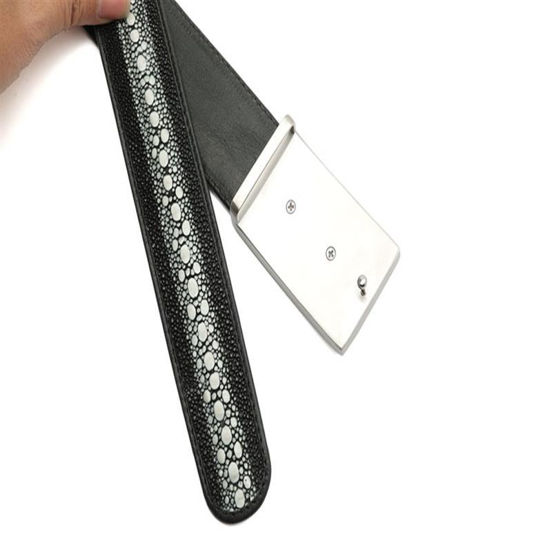 泰国珍珠鱼皮皮带魔鬼鱼配牛皮皮腰带平滑扣裤带中青年