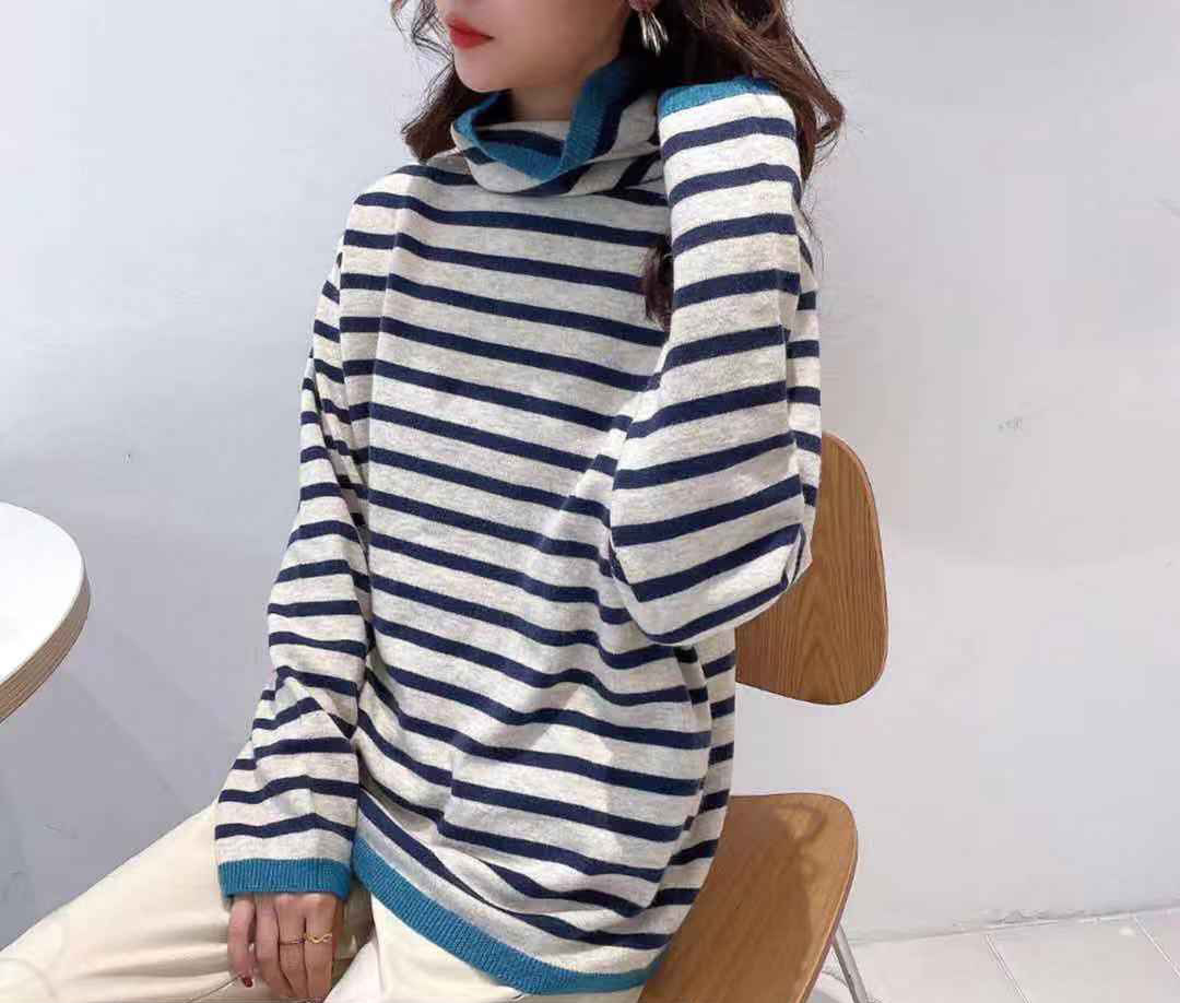 011777拼色高领条纹针织衫女冬季2020新款简约内搭毛衣打底衫上衣