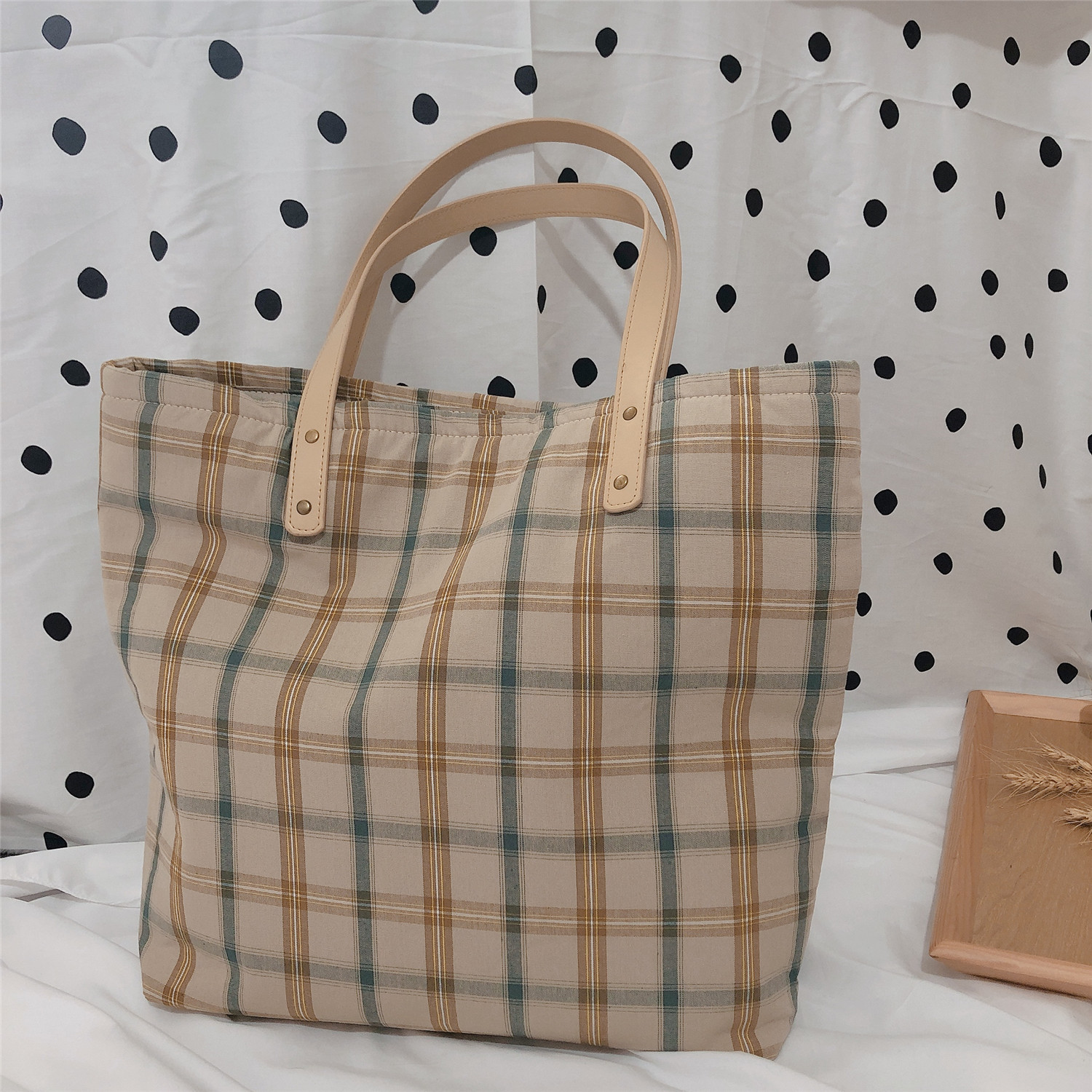 【归蝶布包】春夏新品格子布包女单肩文艺学生加厚大容量拉链棉布