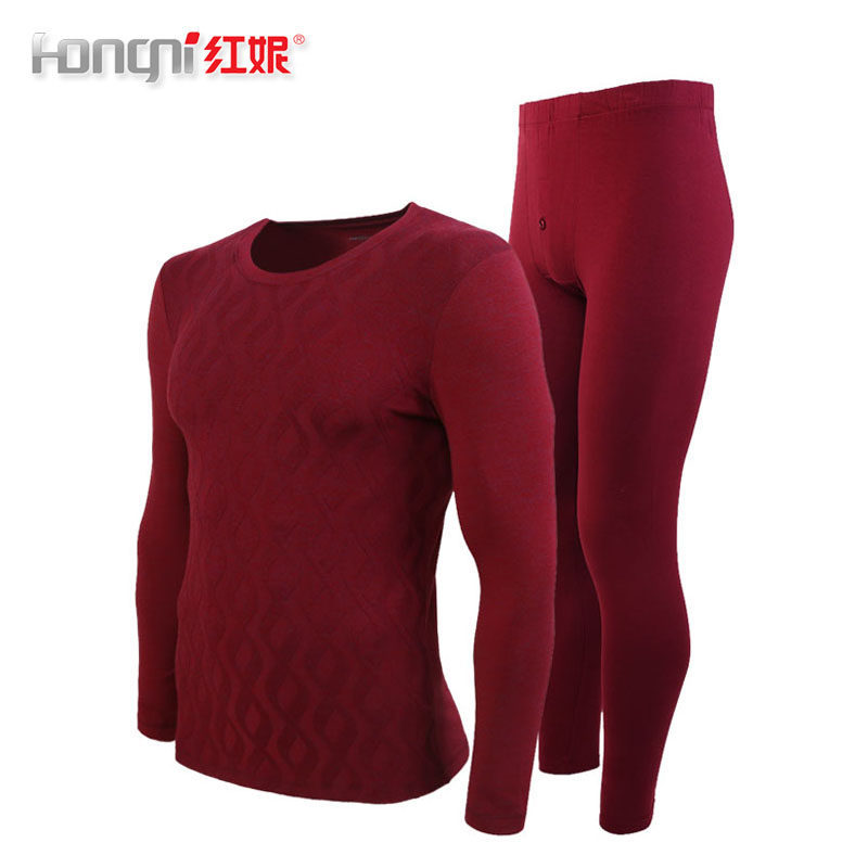红妮内衣秋冬男士圆领防寒棉莫代尔木代尔提花薄打底秋衣秋裤套装