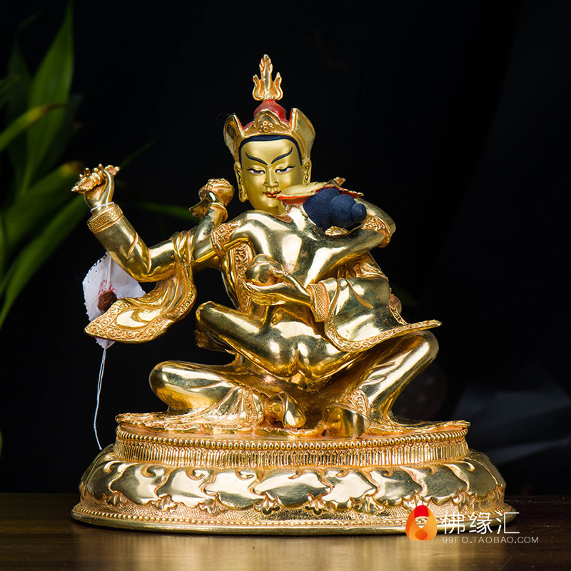 莲花生大士佛像 双身佛佛像尼泊尔手工铜全鎏金8寸居家佛像摆件