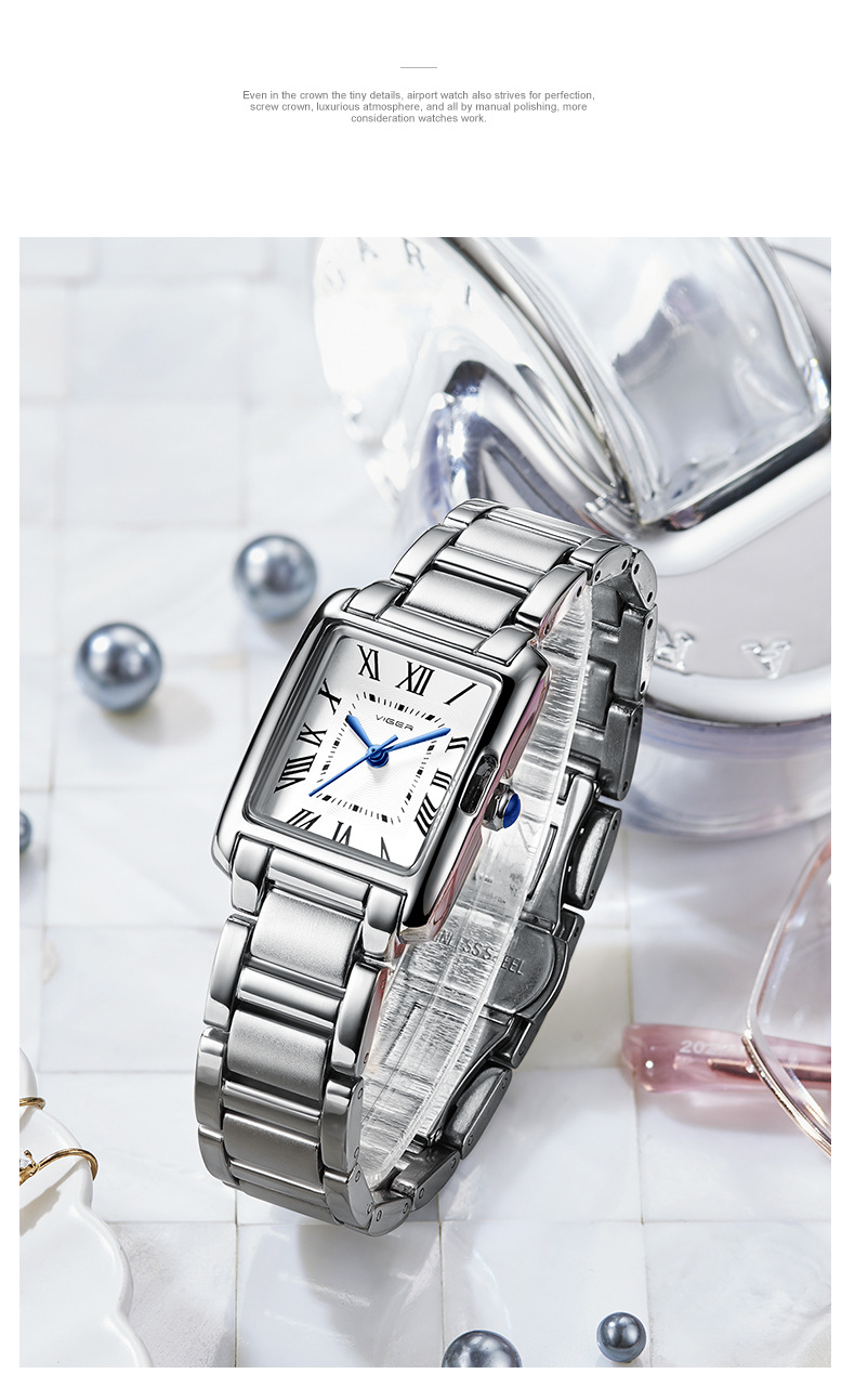viger瓦格直销时尚简约女士手表休闲防水石英腕表潮流钢带学生表