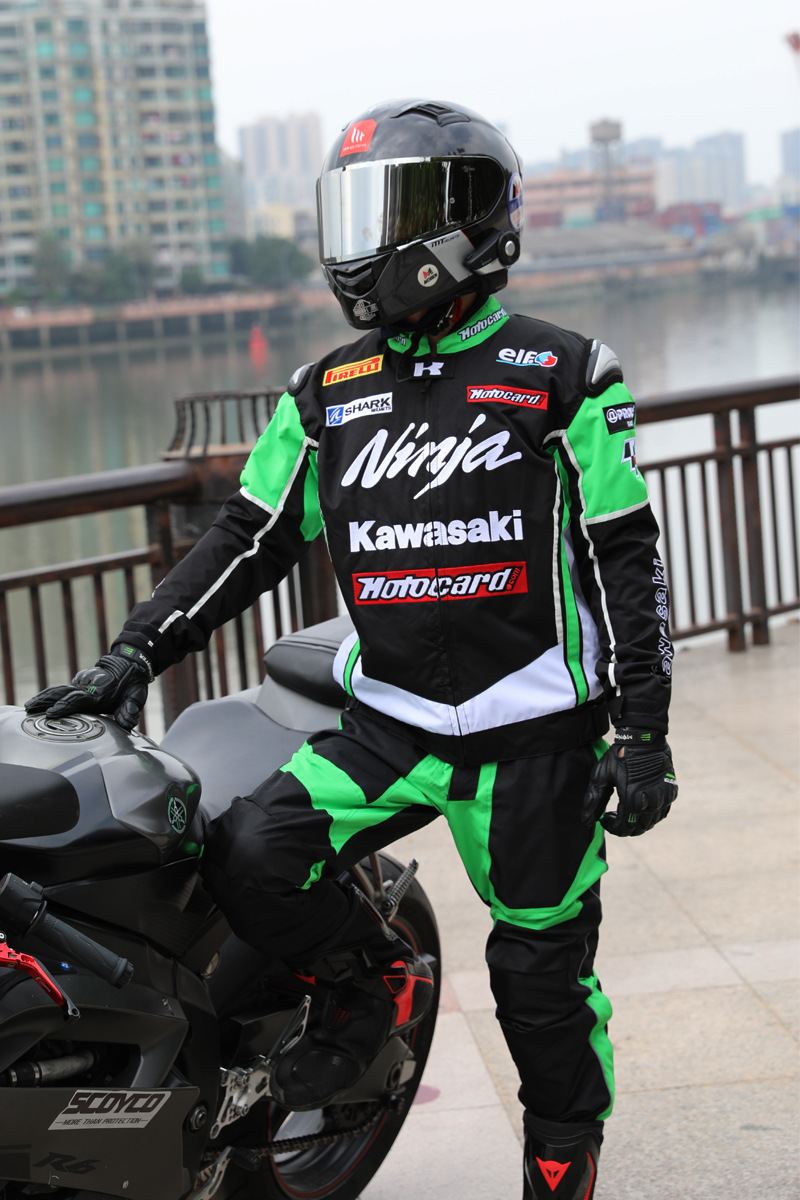 四季摩托车骑行服男机车服赛车服防摔衣骑士服机车夹克外套男绿色