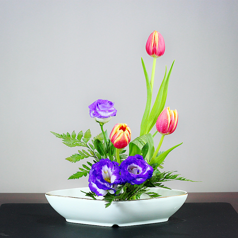 日式小原流标准花器金边菱形花盆陶瓷水盆插花器皿花道教学盘批发