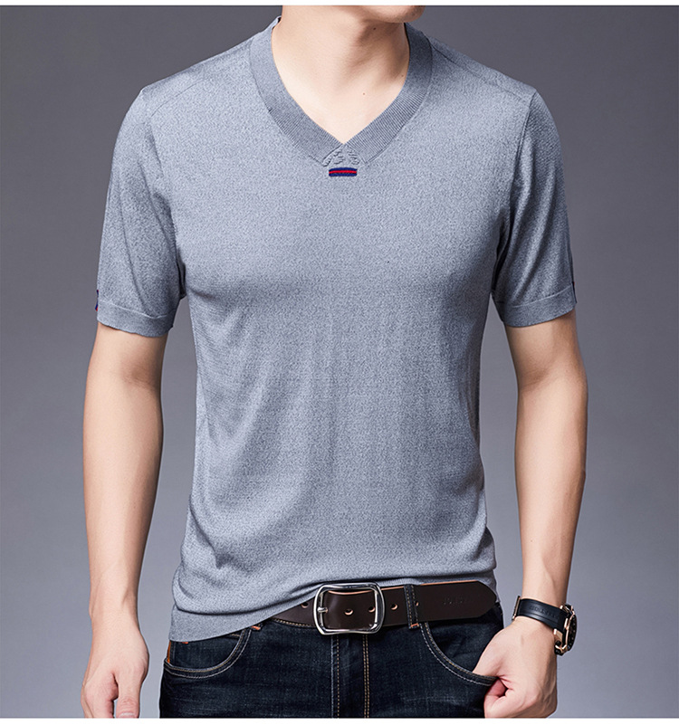 花公子男士v领上衣夏季簿款韩版潮流中青年鸡心领短袖t恤型男免烫
