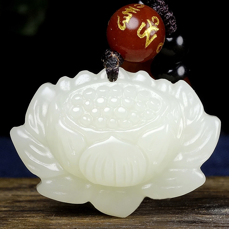 新疆玉石和田玉手工雕刻玉器工艺品花开富贵莲花吊坠玉石项链挂件