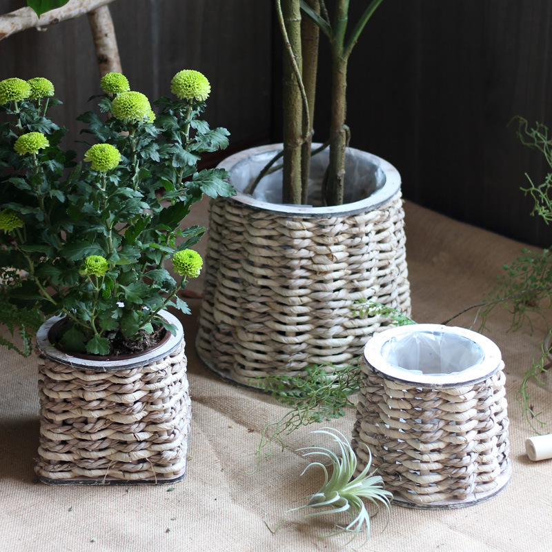 Retro Idyllic Handmade Straw Woven Flower Pot Green Plant Flower Basket Flower Device