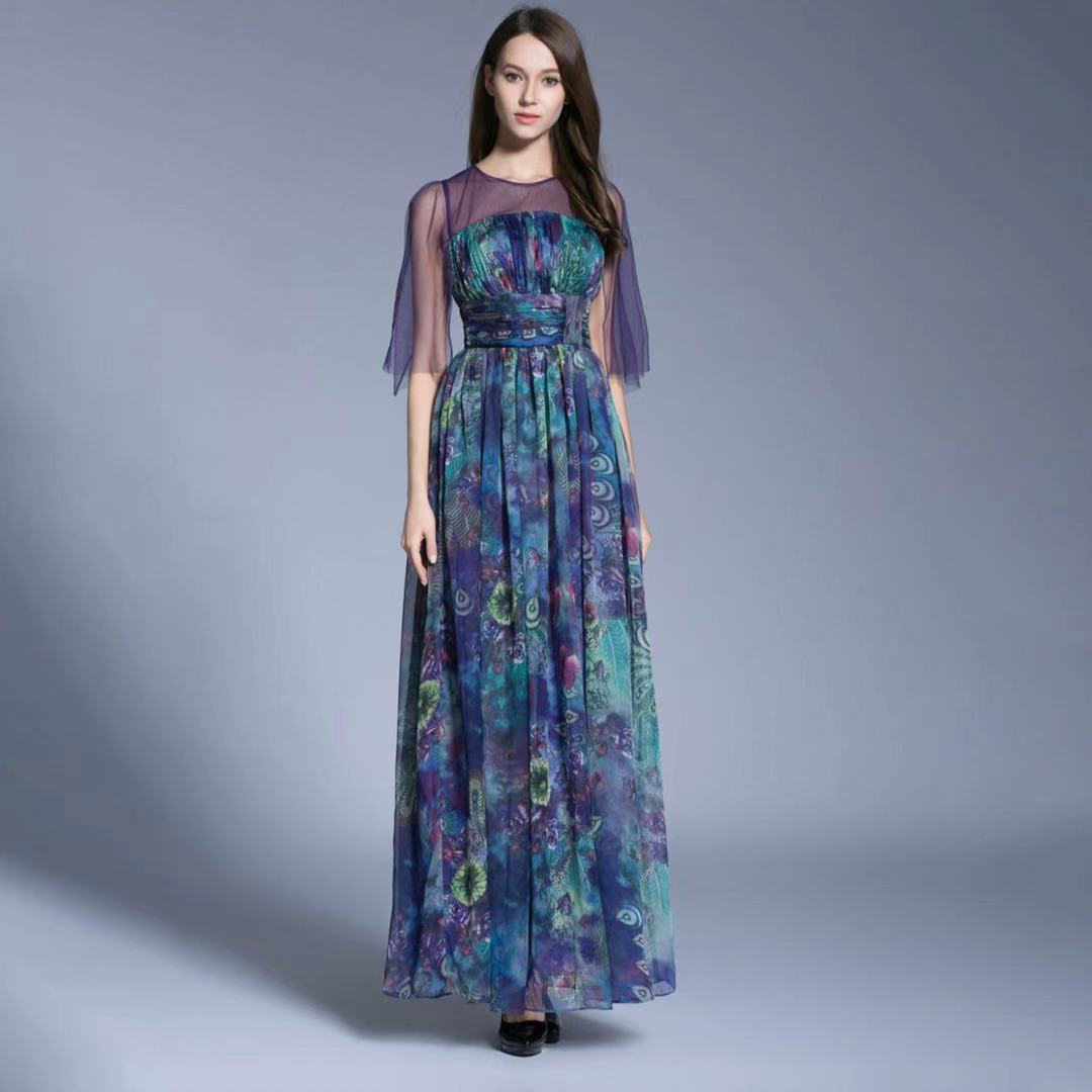 跨境嘉禾服饰/清仓豹纹雪纺披肩袖长款时尚高腰显瘦晚礼服