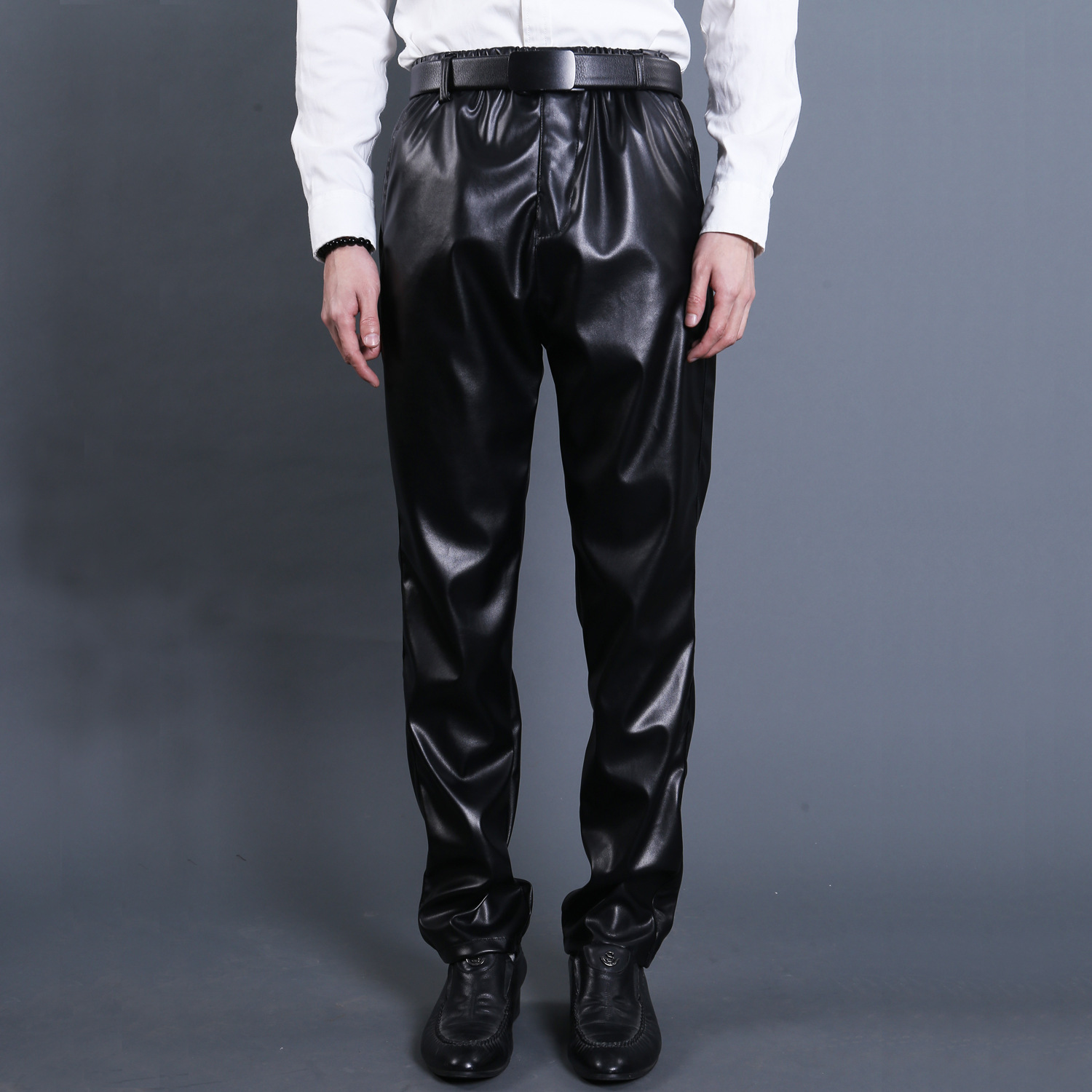 春夏季中年防风防油水耐脏皮裤男士高腰直筒松紧腰工作服劳保皮裤