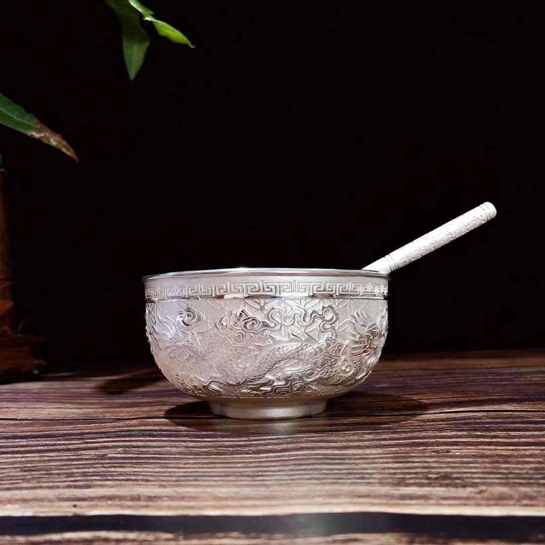 999足银 龙凤呈祥大口碗双层隔热防烫食用银餐具 喜银银银饰批发