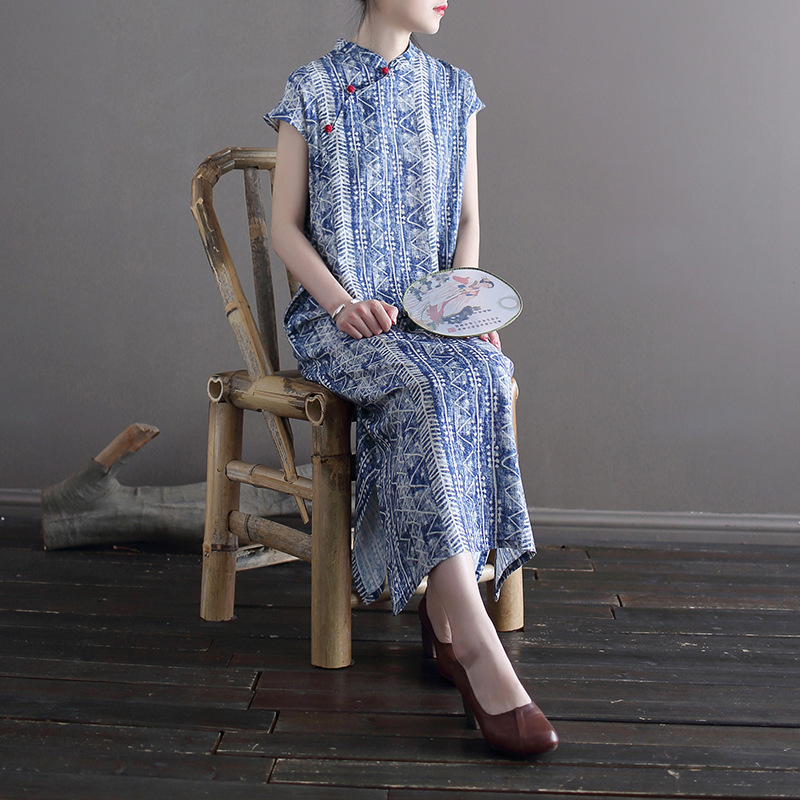 2012喜墨设计　葡萄扣棉麻数码印花中式蜡染风蓝印复古旗袍连衣裙