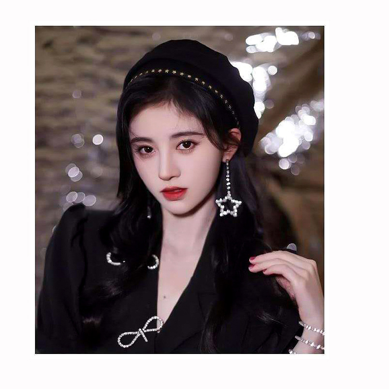 画家帽女鞠婧祎同款帽子黑色星星装饰时装帽文艺复古百搭潮贝雷帽