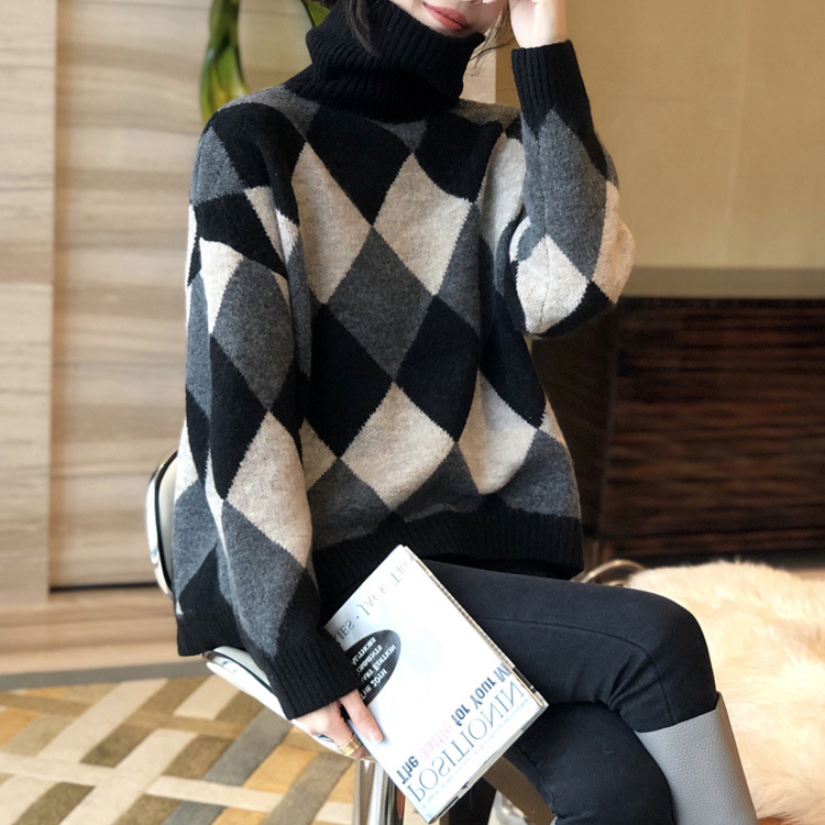 欧洲站冬装2021新款欧货女装时尚高领羊绒针织衫女打底菱格毛衣潮