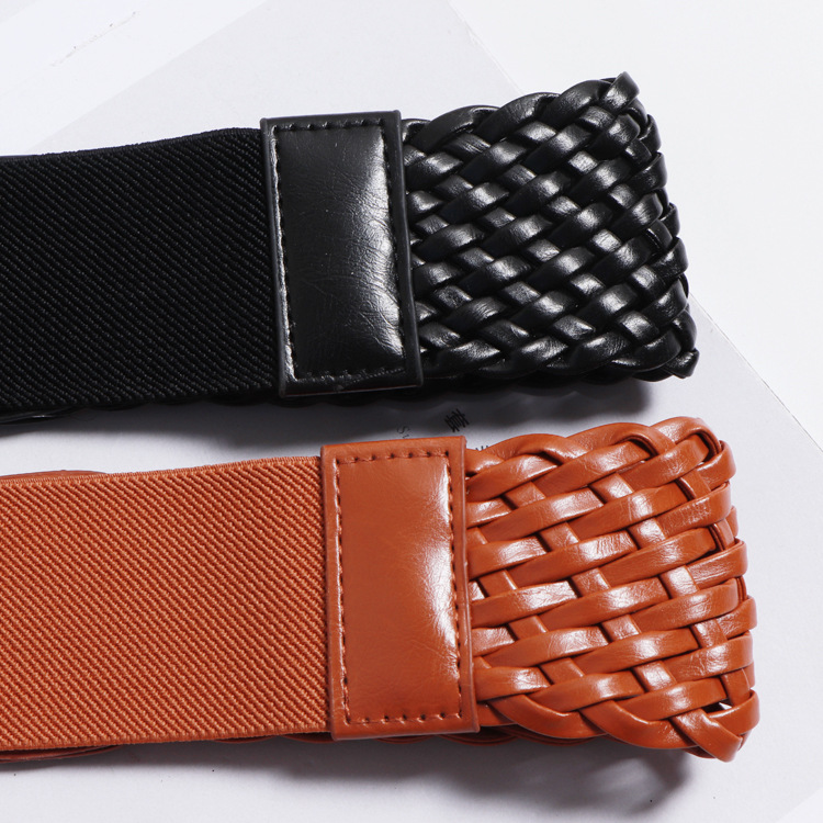 弹力松紧宽腰带女欧美时尚百搭腰封编织束腰配裙子毛衣大衣pu皮黑