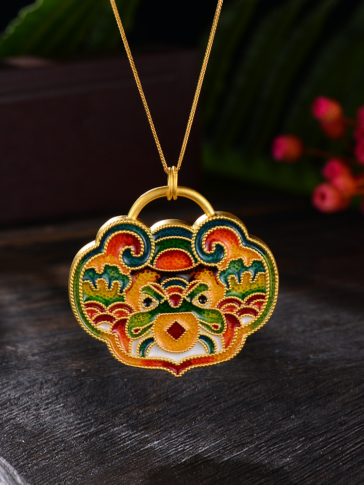 越南沙金传承古法老金工艺烧蓝瑞兽狮吊坠 景泰蓝珐琅彩长款项链