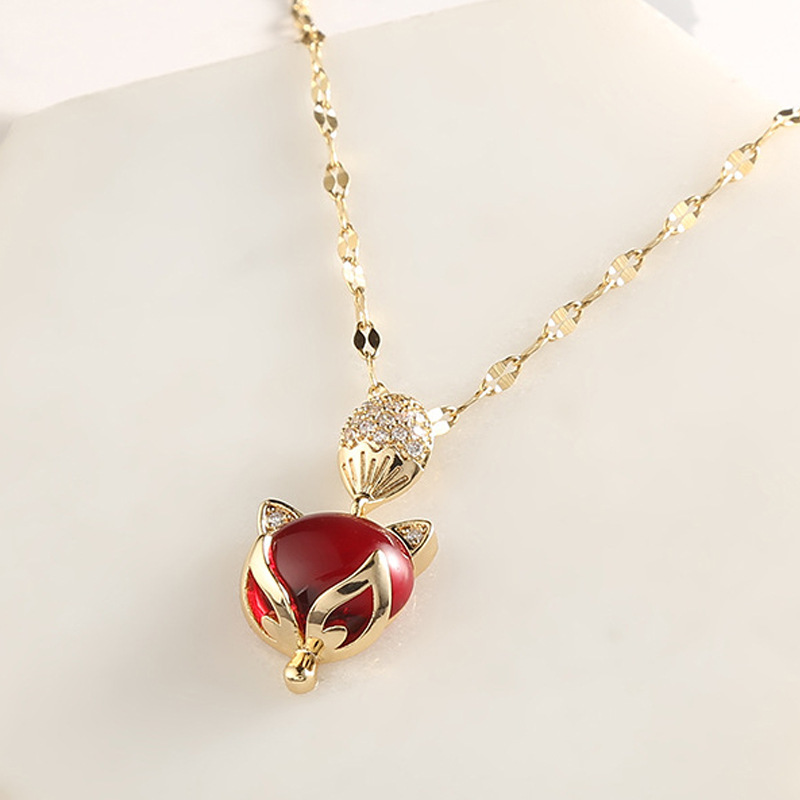 日韩时尚玫瑰金红色狐狸吊坠女简约气质短款可爱小动物锁骨链_供应