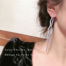 s925银针韩国新款镶钻波浪曲线夸张耳环超仙气质两用耳钉抓链女