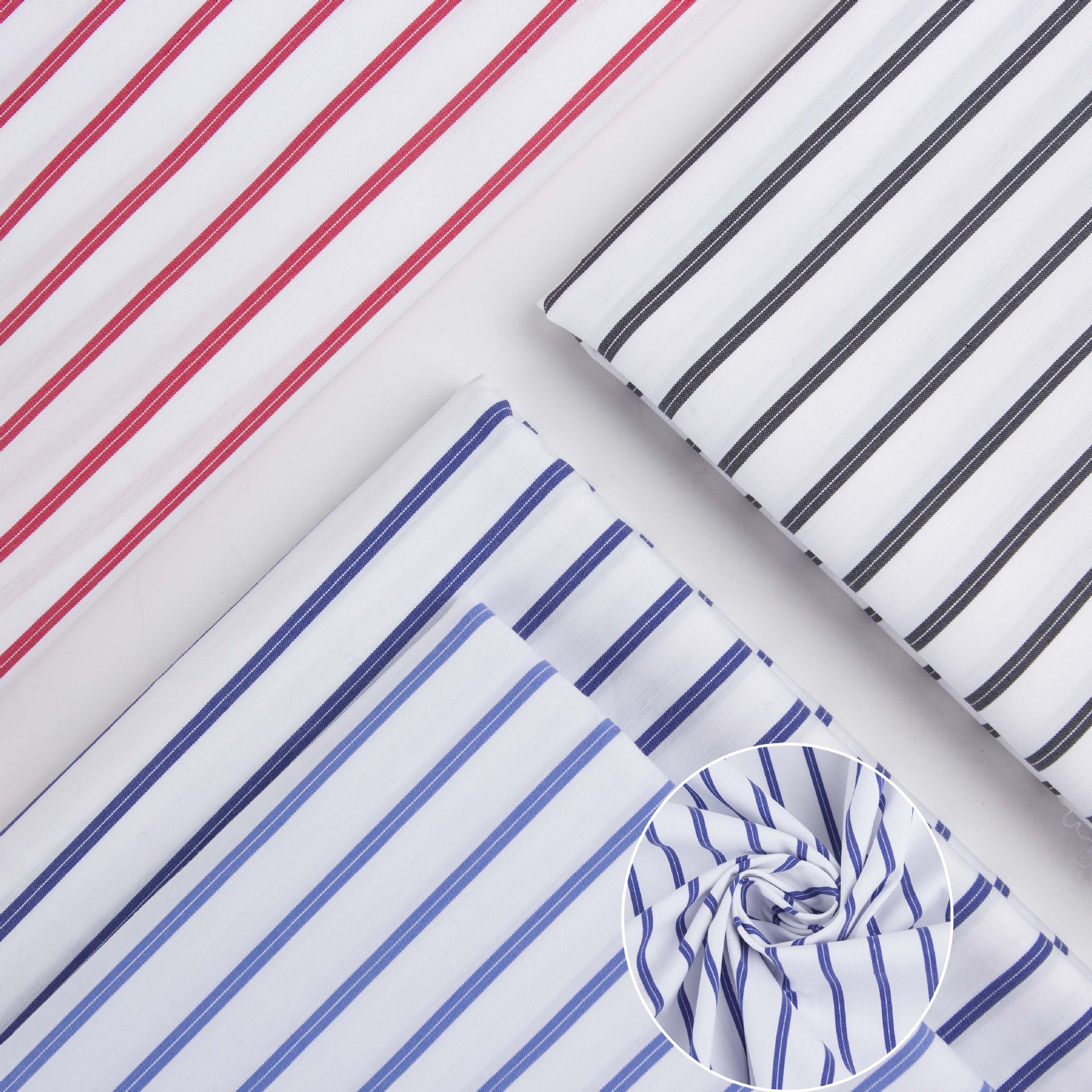 春夏条纹衬衫布料 40支棉锦弹力色织蓝白条纹棉布条子布面料