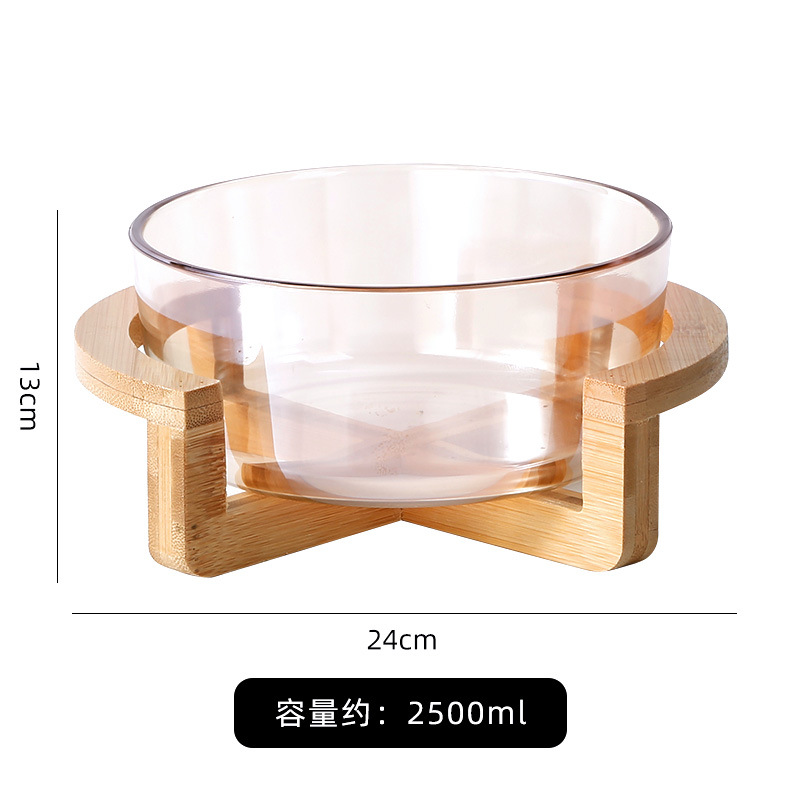 Simple Bamboo Base Glass Fruit Plate Living Room Snack Tray Household Fruit Bowl Salad Bowl Restaurant Buffet Bowl