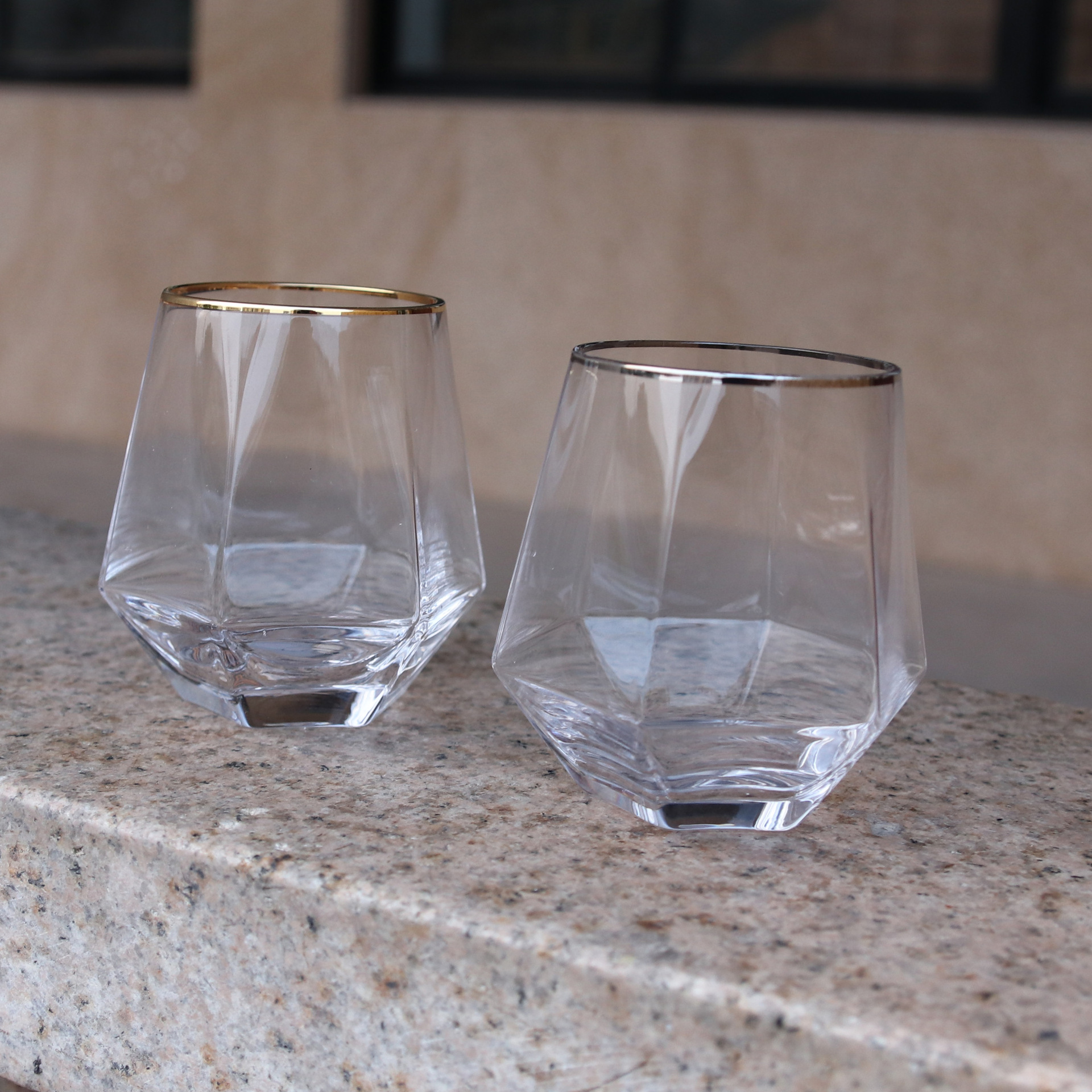 电镀描金六棱玻璃杯家用钻石玻璃水杯威士忌杯几何机制工艺酒具