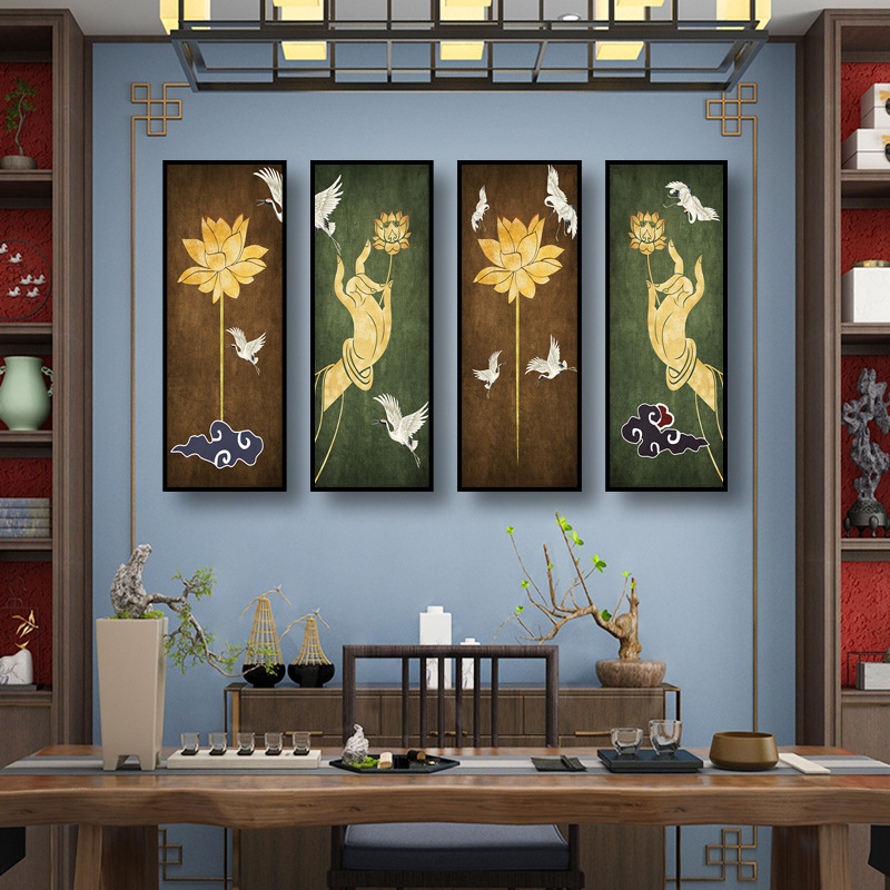 新中式禅意莲花佛手挂画书房茶室餐厅佛系装饰画玄关走廊壁画定制