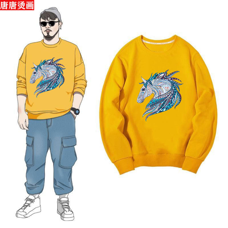 外贸服装辅料diy衣服印花热转印烫画 卡通马图案胶印logo烫标现货