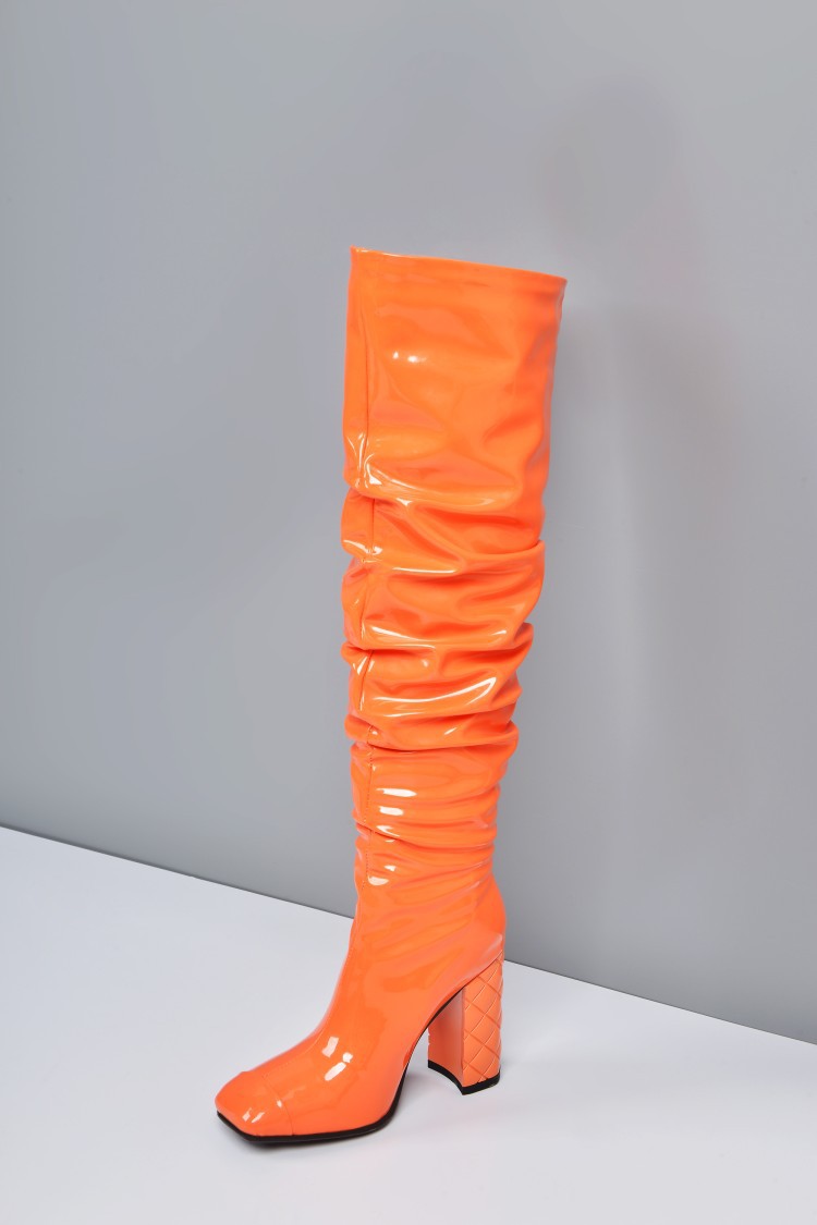 外贸新款时尚秋冬粗跟橘色过膝长靴褶皱靴方头漆皮大码女鞋42码