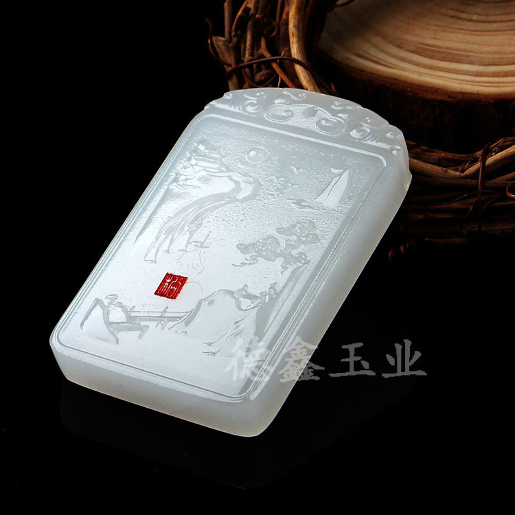 精工阿富汗白玉电脑雕刻玉牌落款红章 方形大挂件盘头款 观音佛龙