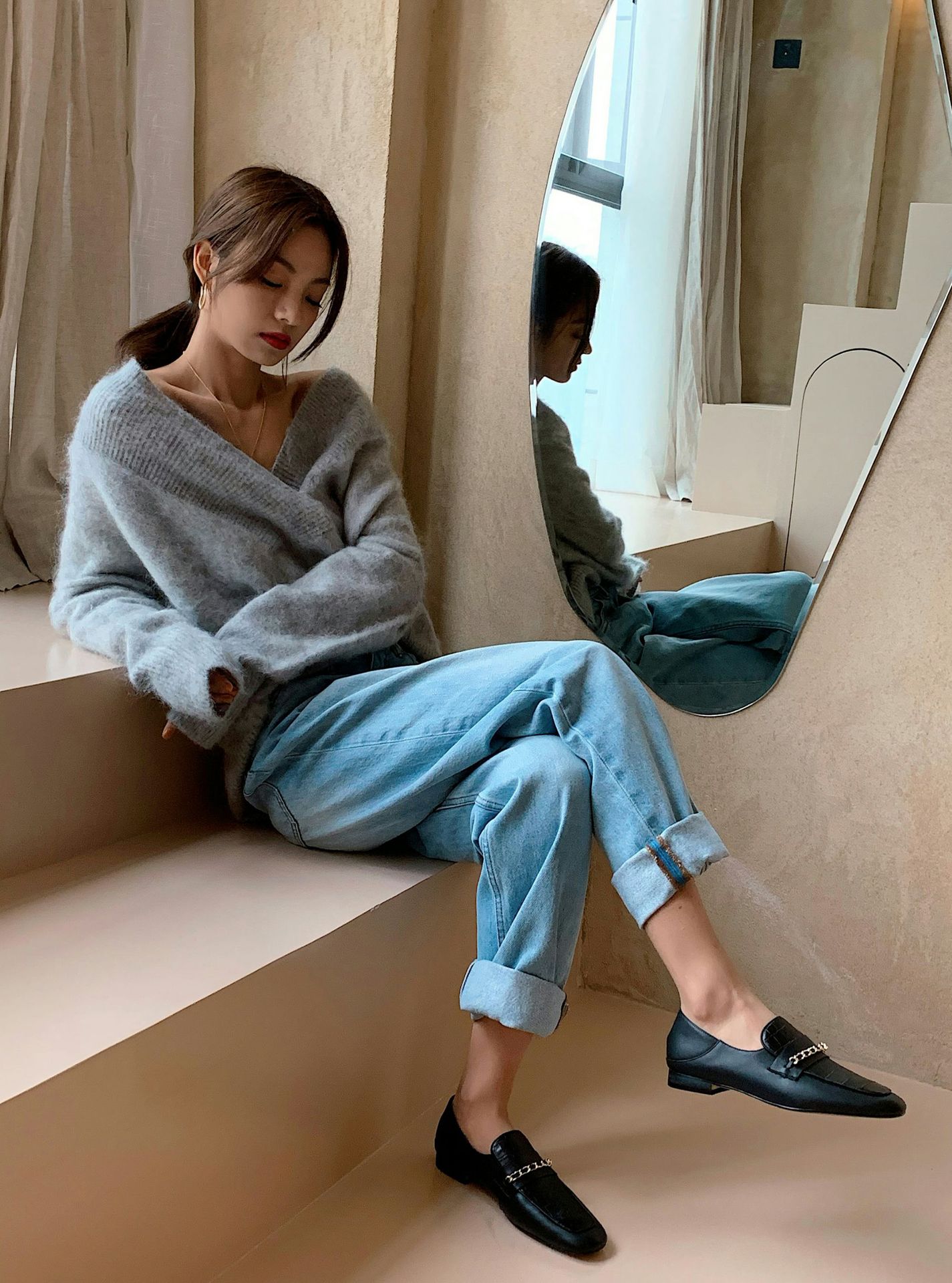 街拍复古风方头低跟链子真皮乐福鞋女粗跟压花里外全皮潮女鞋