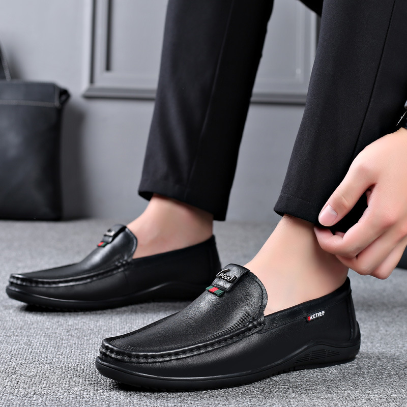 2023 Spring and Summer New Genuine Leather Men's Peas Shoes Flat Bottom Comfort Soft Leather Slip-on Men's Shoes Sub-Factory Wholesale