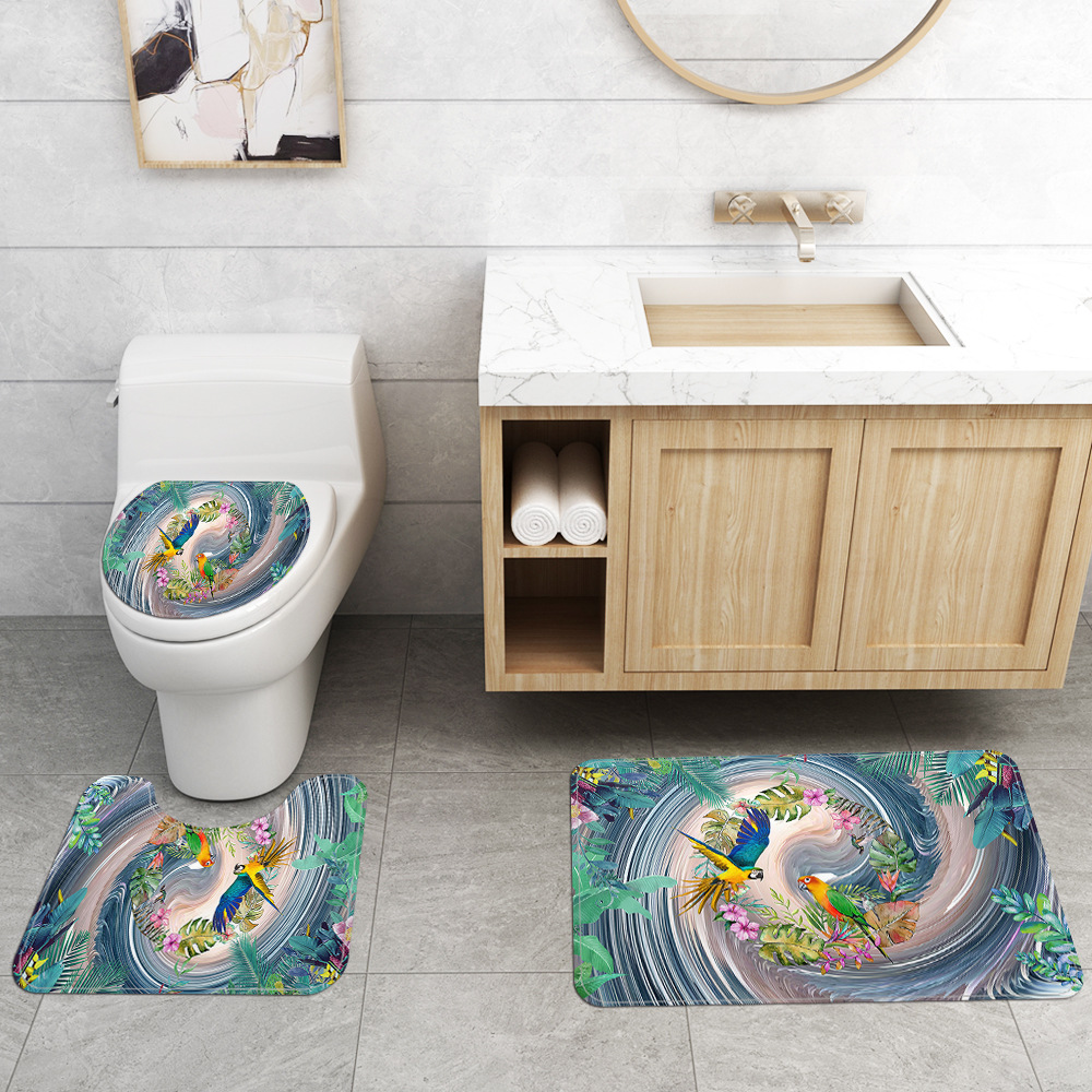 Cross-Border New Arrival Waterproof Shower Curtain Flower Branch Parrot Digital Printed Four-Piece Bedding Set Toilet Carpet Set for Bathroom