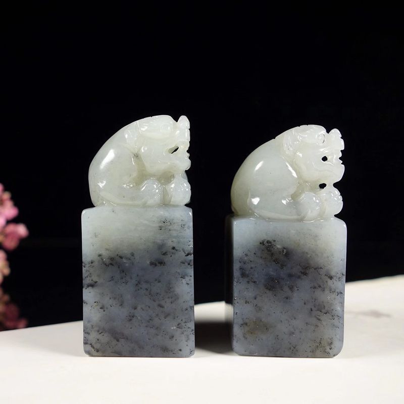 温润斋天然新疆和田玉青花玉石貔貅印章工艺品玉器工艺品送证书