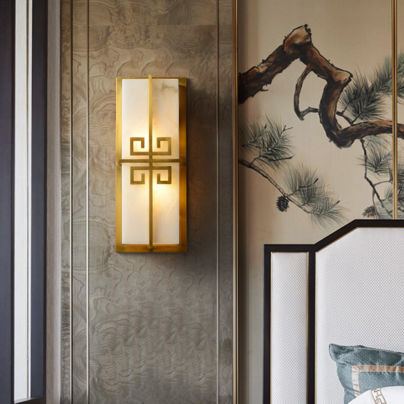 新中式壁灯客厅电视背景墙灯走廊过道中国风全铜云石卧室床头壁灯