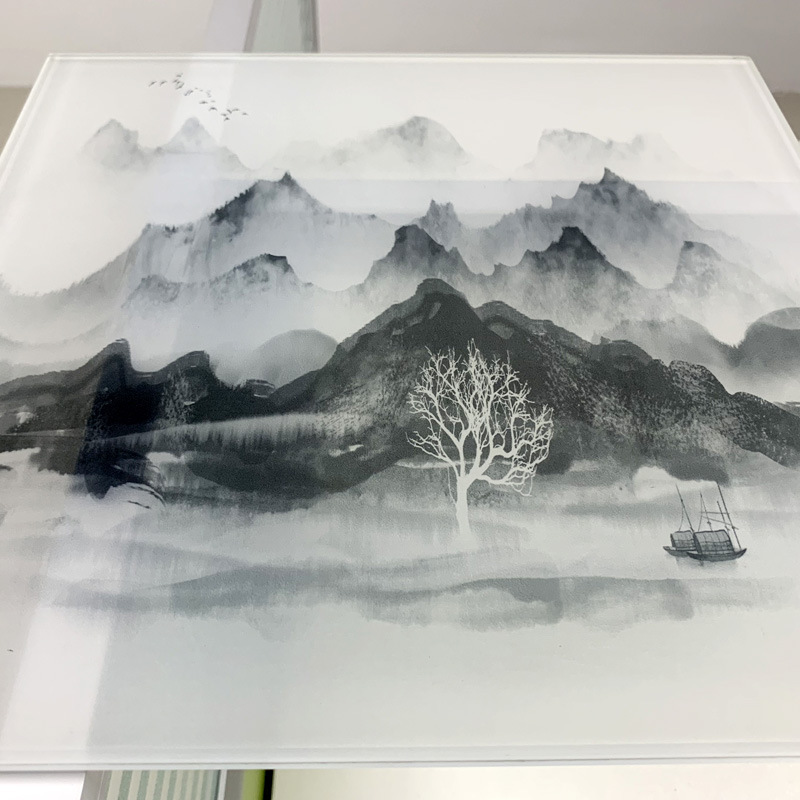 夹丝玻璃山水画均可定制 夹胶夹绢艺术玻璃 景观墙屏风办公室隔断