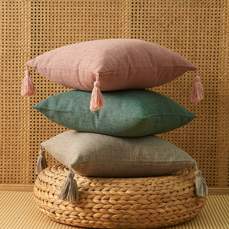Japanese Pure Color Cotton and Linen Tassel Pillowcase Household Simple Artistic Style Pillow Sofa Cushion without Core Pillow Cover
