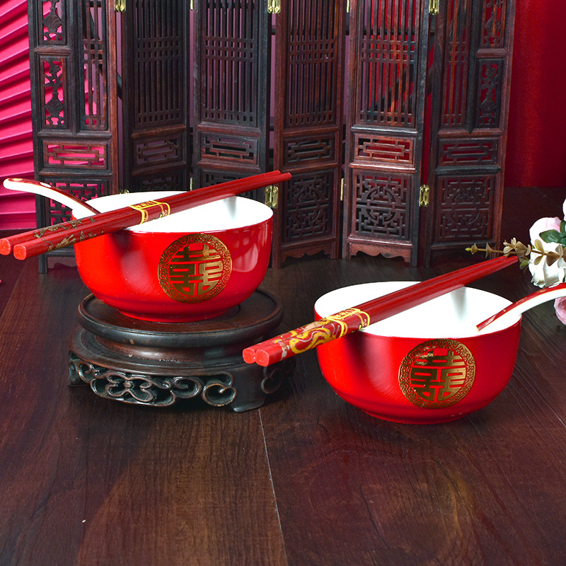 New Bowl Chinese Chaozhou Glazed Wedding Ceramics Bowl Set Wedding Supplies Xi Character Bowl Spoon Chopsticks Set Wholesale