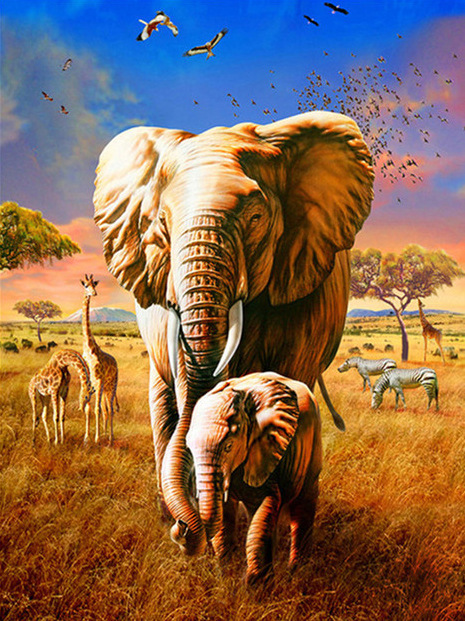 大象小象 草原动物风景 钻石画